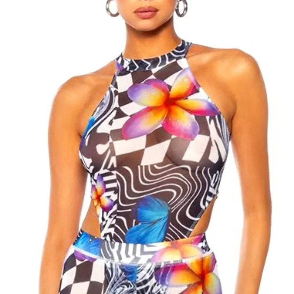 Stasia Land Flowers on the Board: Mesh Sleeveless Mock Neck Bodysuit M L - Picture 1 of 6
